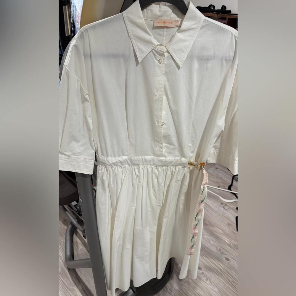 Tory Burch Ivory Shirt Dress with Tie Detail